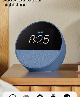 Amazon Echo Spot (newest model), Great for nightstands, offices and kitchens, Smart alarm clock, Designed for Alexa+, Ocean Blue