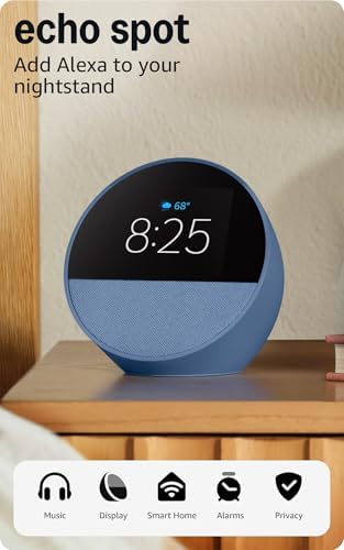 Amazon Echo Spot (newest model), Great for nightstands, offices and kitchens, Smart alarm clock, Designed for Alexa+, Ocean Blue